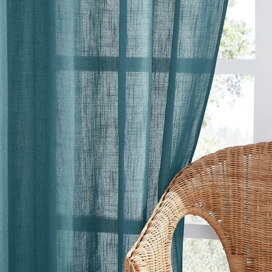 Curtains Living Room Eyelet Curtain Linen Look 2 Pieces H 240 x W 132 cm Curtains Semi-Transparent Decorative Curtains for Balcony Door Linen Look Curtains Teal Blue