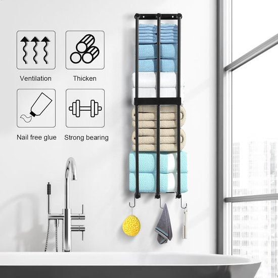 Handdoekhouder zonder boren, zwart, 75 cm, handdoekenrek, wandmontage met 3 haken voor badkamer, gastentoilet, 3 handdoekstangen voor grote badhanddoek, handdoek, gastendoek, houding