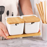 Kruidenpotjes, zoutpot met deksel, voorraaddoos, keramische suikerpot met deksel en lepel voor huis en keuken, kleine kruidendoos met houten dienblad voor zout, peper, kruiden, specerijen