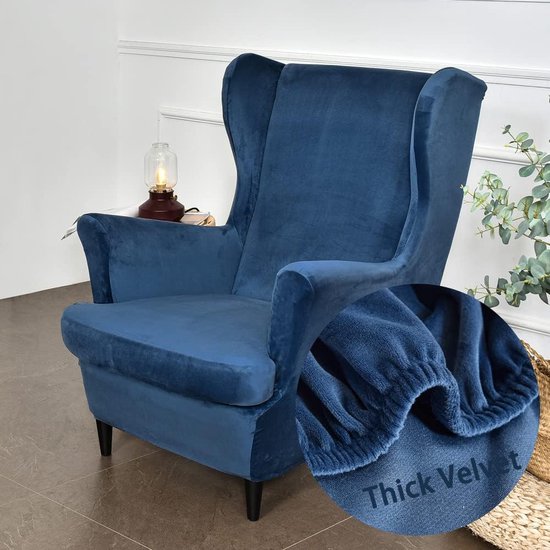 2-Piece Wing Chair Cover, Armchair Throws, Wing Chair, Fashionable, Plain Velvet Protective Cover, Armchair Cover, Beachmon, Tiger Chair Cover with Armrest, High Backrest (Navy Blue)