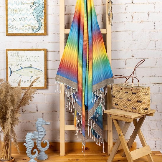 Premium hamamdoek met handgeknoopte franjes, 100% katoen, XXL strandhanddoek, 100 x 200 cm, Oeko-TEX 100, grote strandhanddoek, saunahanddoek en reishanddoek (regenboog)