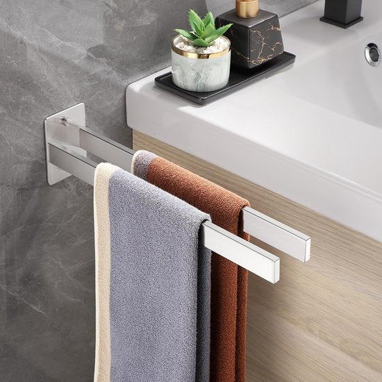 Towel Rail Drilling Stainless Steel, Towel Rail Double Towel Rail Square Towel Holder Wall Bath Towel Holder for Bathroom and Kitchen 38 cm, Silver