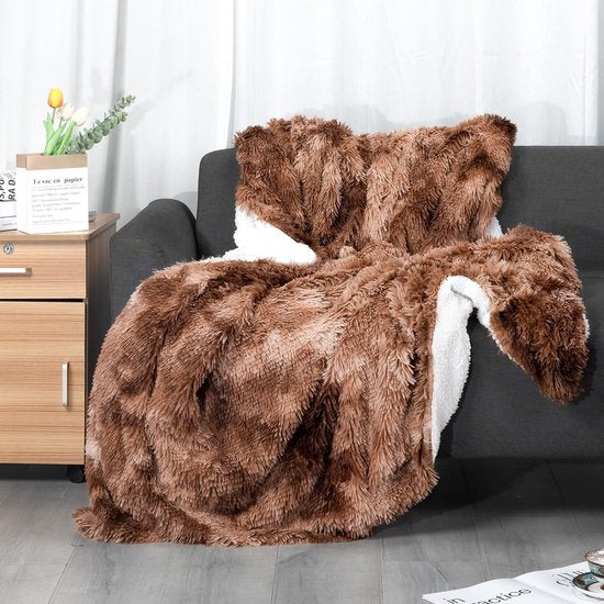 Kunstbont deken – stropdaskleuring in kaki Sherpa schapendeken – comfort luxe pluizige knuffeldeken – zachte deken voor bank en bed - 130 cm x 160 cm
