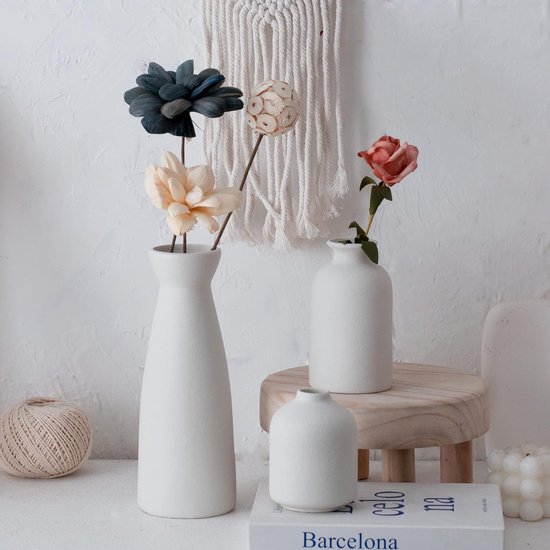 Zwarte keramische vazenset van 3 kleine bloemenvazen voor decoratie, moderne rustieke boerderij huisdecoratie, decoratieve vazen voor pampasgras, ideeënplank (wit)