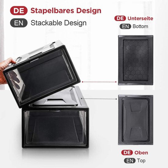 Schoenenbox, set van 3 stapelbare schoenenorganizer, kunststof doos met doorzichtige deur, herbruikbare schoenenopslag, 37 x 26 x 16 cm, voor schoenen tot maat 48, zwart