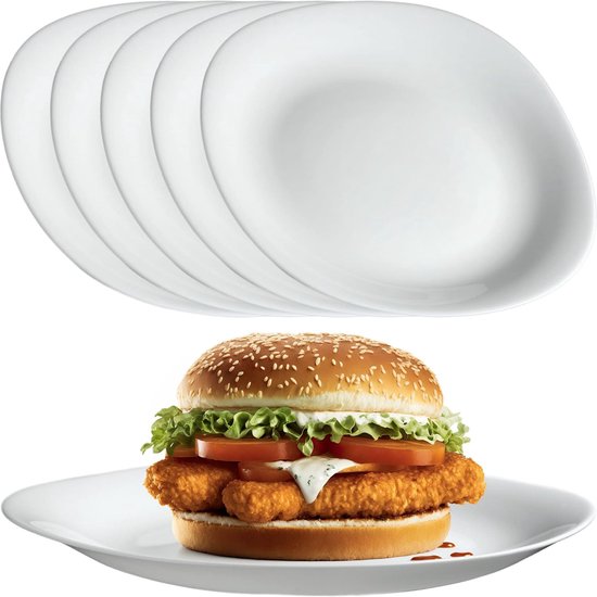 Wit platte borden, vaatwassergeschikt - borden, eetborden van versterkt glas, modern servies voor huis en restaurant - Wit, 6 stuks