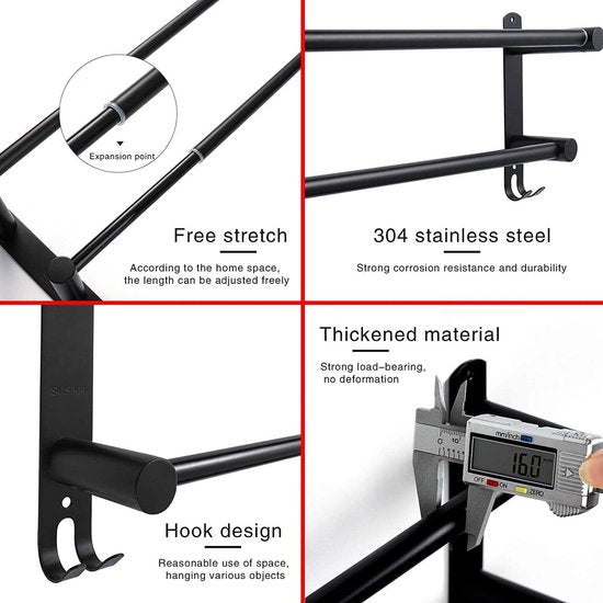 Handdoekrek Zwart Uitschuifbaar 43-78CM Geen boren Roestvrij staal Dubbel handdoekenrek Badkamer Wandmontage Badhanddoekrek Wandmontage (zwart 2 staven)