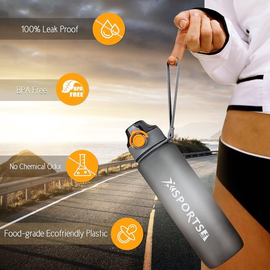 1 liter drinkfles, sportdrinkfles, 1 l, waterfles met afsluitdeksel en lekvrij, BPA-vrij Tritan, voor sportschool, school, fietsen, outdoor, sport, fitness en kantoor