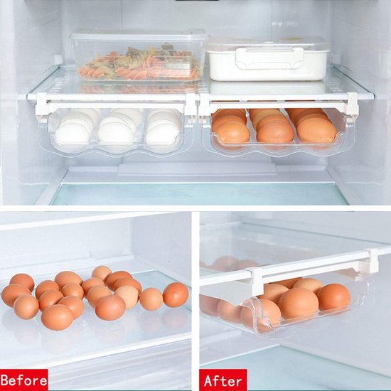 Doorzichtige plastic koelkastbox-organizer met automatische intrekbare lade, organizer voor voedsel (groenten / fruit / eieren) of keukengerei, keukenkoelkast / vriezer / voorraadkastorganizer