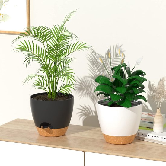 20 cm plantenpotten met irrigatielip, zelfbewaterende plantenpotten met afvoergaten en uitneembare onderzetter, kunststof plantenpotten voor binnen en buiten, wit, set van 2