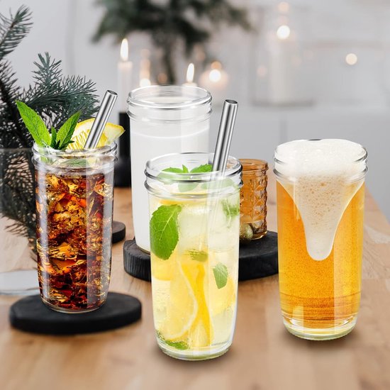 4 stuks cocktailglazen, glas met deksel en rietje, 24 oz drinkglazen, herbruikbaar bierglas, bubble tea-bekers voor cocktailglas, water, koffie, bier, frisdrank, glazen beker voor feest, bar