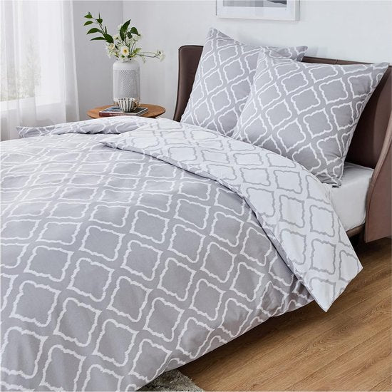 Beddengoed, 135 x 200 cm, 4-delig dekbedovertrek - beddengoedsets 135 x 200 cm, microvezel, met 2 kussenslopen van 80 x 80 cm, Öko-Tex beddengoedset, rasterpatroon, met ritssluiting, grijs