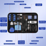 Professionele 73-delige horlogemakersset voor horlogereparatie en batterijwissel, inclusief tas, schroevendraaier, hamer, pincet, hefboomgereedschap, scalpel, standaard, oren, horlogeopener,