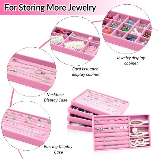 Set van 5 stapelbare, veelzijdige roze fluwelen sieradenorganizers, 21 x 12 x 2,4 cm, perfect voor oorbellen, halskettingen, armbanden en ringen, sieradenkistjes