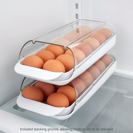 Eierhouder voor koelkast, eierdispenser, automatisch rollende eiercontainer, stapelbaar eierrek, eieropslag voor koelkast, eieropslag met uitneembare lade