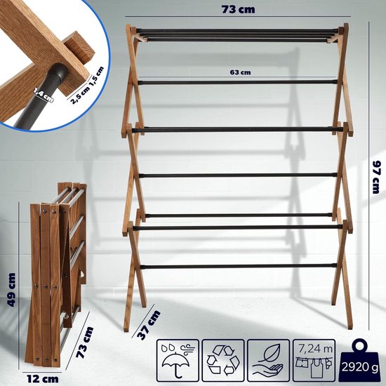 Staande droger van hout - inklapbaar torenwasrek met 11 stalen staven en 7 m² droogoppervlak - ecologisch wasrek, ruimtebesparende droger (97 cm hoog)