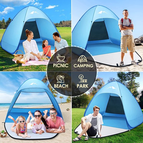 Pop-up strandtent voor S (1-3) personen/L (2-4) personen met dubbele ritsdeuren, UV bescherming, Draagbare extra lichte strandtent, voor tuin, barbecue feeest, wandeltochten