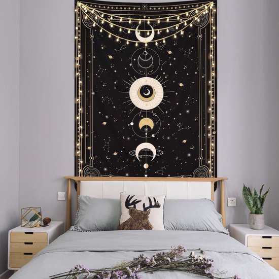 Maanfasen wandtapijt, mysterieuze sterrenhemel, tarotkaarten, wandtapijt, esthetische retro astrologie, muurkunst voor slaapkamer en woonkamer, zwart, 210 x 150 cm