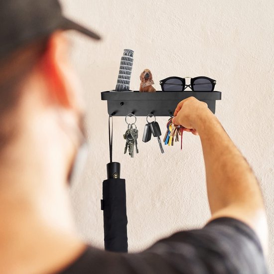 Sleutelrek met legplank in zwart en 6 haken voor sleutels - ruimtebesparende sleutelhouder muur en eenvoudige montage van het sleutelrek zelfklevend zonder boren of boren
