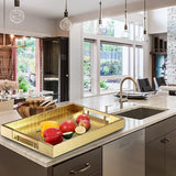 Dienblad van PU-leer, modern, elegant, rechthoekig, decoratief dienblad met metalen handvat, grote capaciteit, lederen serveerplaat voor eten, dranken, sieraden, sleutels, woonkamer, keuken, ijdelheid (krokodil, goud)