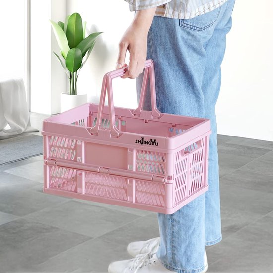 Shopping Basket Plastic Foldable Folding Box Small 19 Litres 38 x 25 x 20 cm Suitable for Kitchen, Bathroom, Office, Bedroom, Classroom, Cupboard, Drawer (Pink)