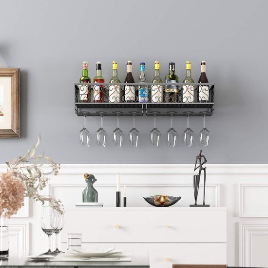 Metalen zwarte wandmontage wijn champagne glazen bekers glaswerk rekhouder, 80 x 20 cm vat voor maximaal 18 flessen wijn en 18 kopjes glazen