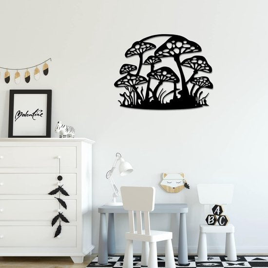 Metalen paddenstoel muur decoratie paddenstoel muur kunst hangende paddenstoel decoratie voor binnenruimtes buiten keuken eetkamer woonkamer slaapkamer slaapzaal patio tuin boerderij decor, zwart, 43 x 33 cm