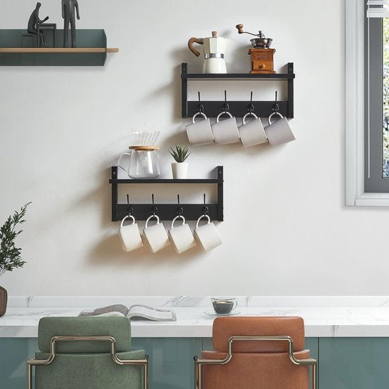 Wandkapstok met plank, set van 2 wandrekken in één pakket, garderobehaken met 8 dubbele haken, 80 cm voor hoeden, kleding, decoratie in de ingang, hal, keuken, slaapkamer, zwart