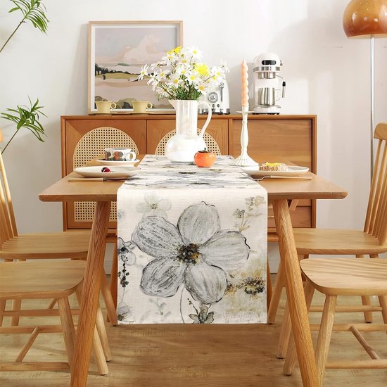 Tafelloper beige bloem 32 x 180 cm wasbaar tafelkleed bloemen planten tafelloper zomer decoratieve tafelloper modern voor eetkamer keuken boerderij bruiloft verjaardag buiten
