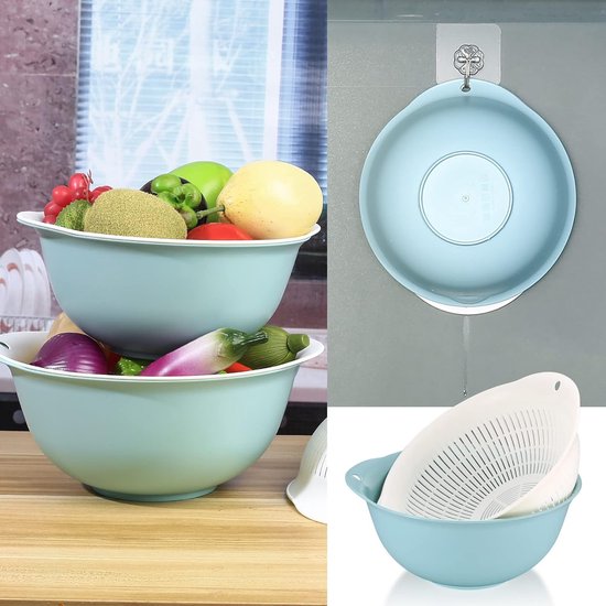 2-in-1 multifunctionele keukenzeefset, 3 stuks, dubbellaagse zeef, komzeef, kunststof, afdruipzeef, afvoerbak voor groenten, rijst, groenten, salade, keukenzeef, 3 maten, blauw