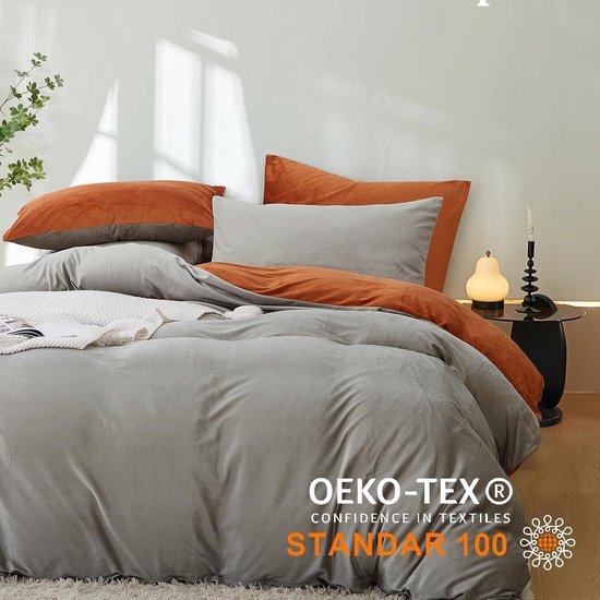 Pluizig beddengoed, 135 x 200 cm, grijs, oranje, winter, pluche, flanel, fleece, omkeerbaar beddengoedset, warme kasjmier touch, flanel, dekbedovertrek met ritssluiting en 1 kussensloop 80 x