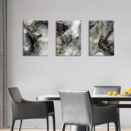 3 stuks grijs zwart goud marmer met lijst canvas foto's abstract aquarel inkt lijnen foto op canvas schilderij wandafbeeldingen wanddecoratie woonkamer slaapkamer decoraties 120 x 60 cm (16 inch x 24
