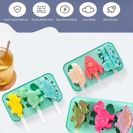 IJslollyvormen 2x3 holte IJslollyvormen met 18 stokjes Food Grade BPA-vrij siliconen Herbruikbaar dinosaurusvoertuigpatroon DIY-ideeën IJslollyvormen voor volwassenen