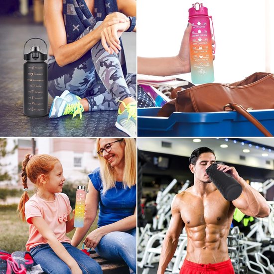 Drinkfles, 3 stuks, 2 l, 700 ml, 300 ml, lekvrij, 2 liter drinkfles met rietje, BPA-vrij, sportfles met tijdmarkering voor fiets, fitness, wandelen, outdoor
