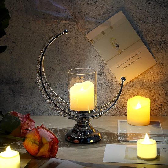 Maanvorm Kristal Theelichtje van glas Metaal Kaarshouder Kaarshouder Kaarshouder voor thuiskantoor Bruiloft Kerstdiner Tafeldecoratie voor stompkaars Zilver