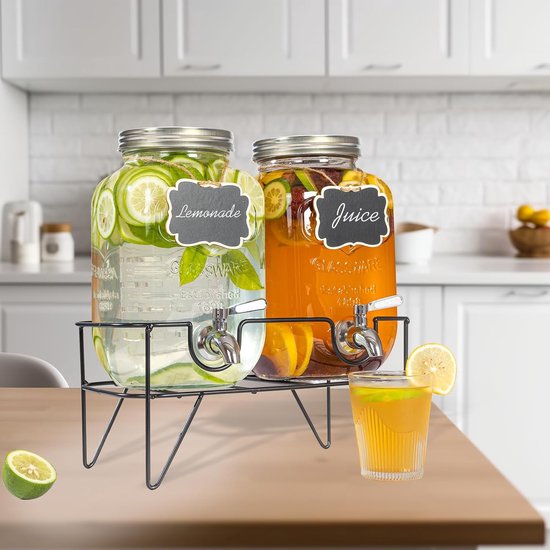 4 liter drankdispenser van glas met kraan, 2 stuks waterdispenser met standaard, limonadedrankdispenser voor ijsthee, ijsdranken, kombucha-dispenser, geschikt voor feestjes, bruiloften