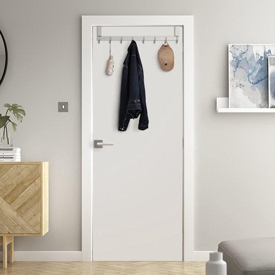 Deurhanger van roestvrij staal, afneembare deurhaak met 8 haken, roestvrij staal, roestvrij, deurhanger voor de deur, zonder boren, kledinghaak, deurhangerrail voor deurscharnier, dikte tot 2 cm