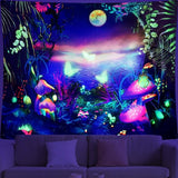 Blacklight Mushroom wandtapijt, melkweg, maan, wandtapijt, uv-reactieve poster, plant, landschap, wandtapijt, vlinder, esthetisch wandkleed voor slaapkamer, woondecoratie