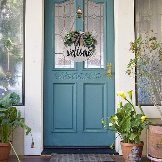 Welkomstbord voor de voordeur, welkomskransen, houten bord voor op de boerderij veranda, decoratief houten deurkrans, zomerse buitenversiering, hangend cadeau, ambachtelijk gemaakt, 30 x 30 cm (wit)