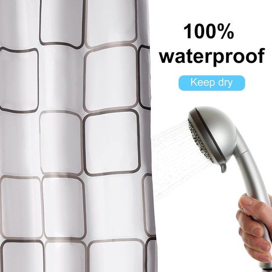 Waterdicht douchegordijn, wasbaar, sneldrogend, textielstof, polyester, badgordijn met 12 douchegordijnringen, doorschijnend douchegordijn, wit (180 x 200 cm)