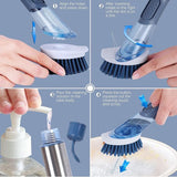 Afwasborstel met afwasmiddeldispenser, reinigingsborstel met 4 verschillende reservekoppen, keukenreinigingsborstel met 27 cm steel voor servies, potten, keukenspoelbakken reiniging