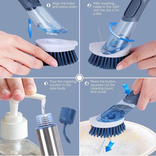 Afwasborstel met afwasmiddeldispenser, reinigingsborstel met 4 verschillende reservekoppen, keukenreinigingsborstel met 27 cm steel voor servies, potten, keukenspoelbakken reiniging