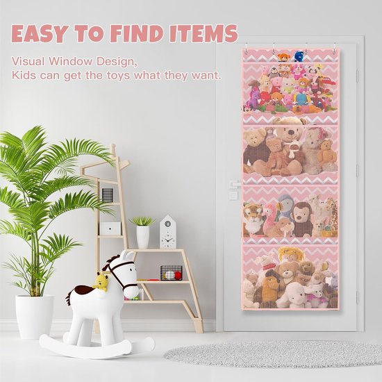 Opslag voor knuffeldieren, boven de deur-organizer voor knuffeldieren, babyaccessoires en vochtige doekjes, ademende hangorganizer met 4 grote vakken voor kinderkamer, slaapkamer, roze