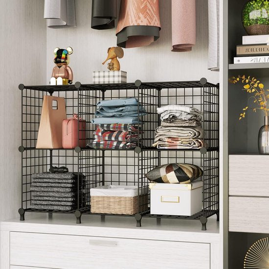Draadkubusopslagorganisator, kastorganisatoren en opslag, metalen 6 kubusopslagplanken boekenplank, draagbare kastkledingorganisator voor slaapkamer, huis, kantoor, zwart