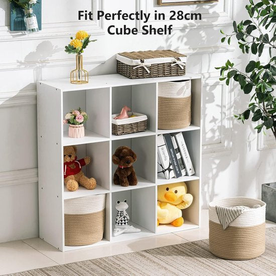 Gevlochten mand, gemaakt van katoen, voor het opbergen van speelgoed in de kinderkamer, opbergmand, decoratieve pot, mand voor de woonkamer, slaapkamer, 28 (D) x 28 (H) cm, natuurlijk.