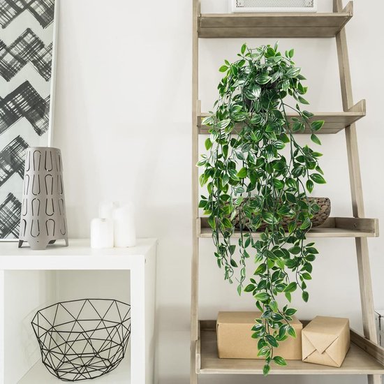1 stuk kunsthangplanten, mandalabladeren met potten, 50 cm lang, onderhoudsvrije kunstplanten, wijnstok voor tuin, binnen en buiten