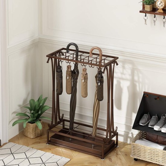 Extra grote bruine metalen 21-gaats rechthoekige paraplubak met 24 haken en gratis regenwaterbak 70 x 50 x 24 cm