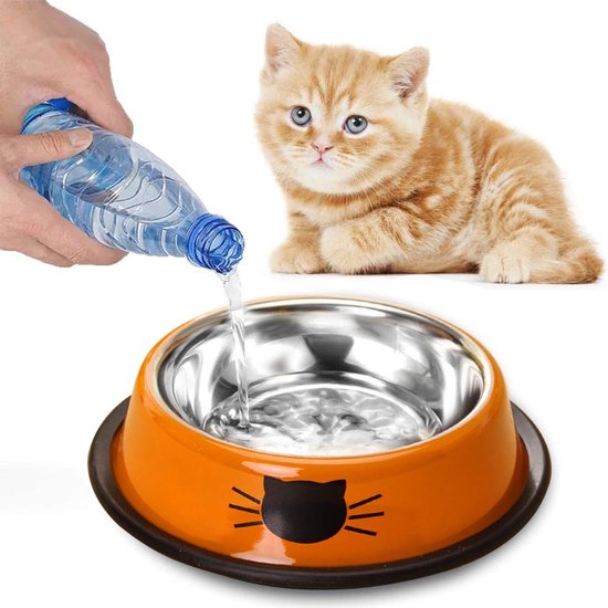 Cat Bowls Cat Bowl Set, 2-delige antislip kattenbakken van roestvrij staal, voerbak, kattenwaterbak, kattenbak verhoogt kommen en drinkbakken voor huisdieren (zwart + oranje)