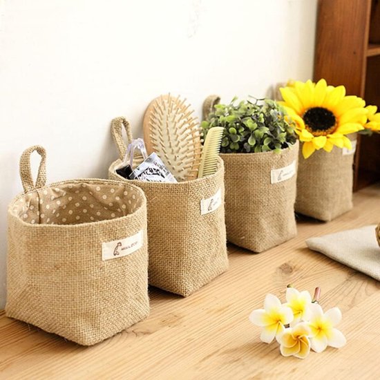 Pack of 4 Hanging Bags, Cotton Linen Wall Hanging, Foldable Storage Baskets, Waterproof Hanging Wall Mounted Organiser with S Handle and J Hook for Small Items, Keys, Flower Pot