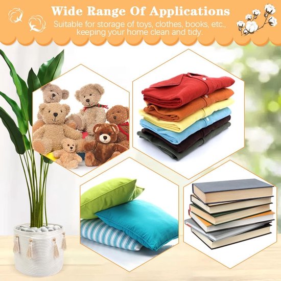 Manden van gevlochten touw, grote mand van katoenen touw, wasmand, opbergmand, gevlochten ronde geschenkmand met handgrepen, speelgoedopberger voor kinderkamer, organisatie van de was, wit